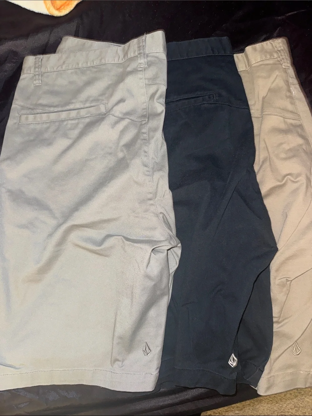Men’s Volcom shorts, 3 pairs khaki, black, gray